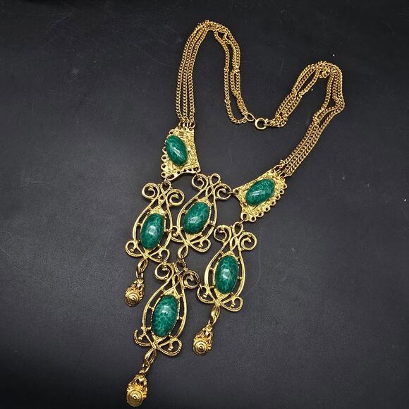 Vintage Peking Glass Bib Necklace Gold Tone Scroll Link - Picture 3 of 10